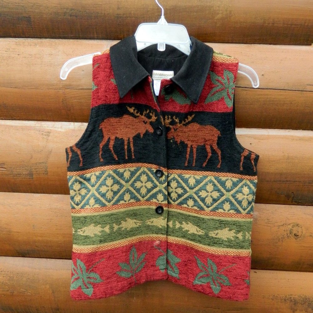 Coldwater Creek Tapestry Moose Fish Vest Cabin Outdoors size Small